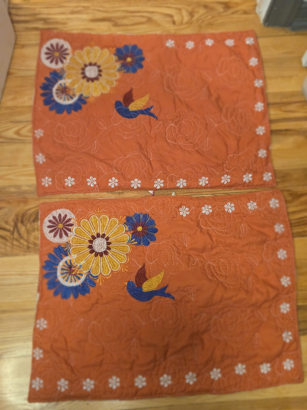 Embroidered Orange Floral & Bird Quilted Pillow Shams (Set of 2)